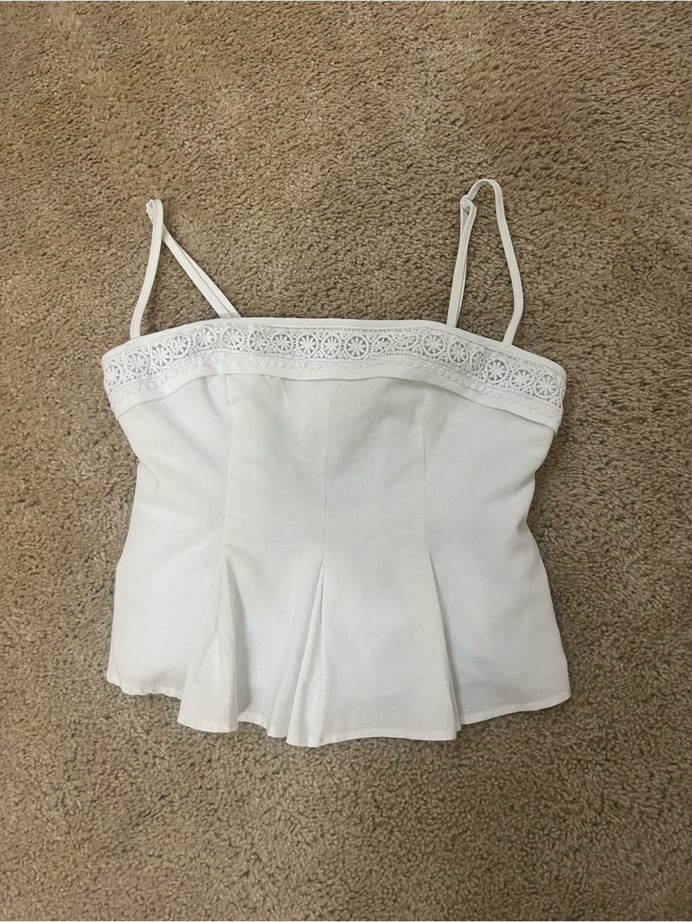 Poeselle White Crochet Trim Spaghetti Strap Peplum Top